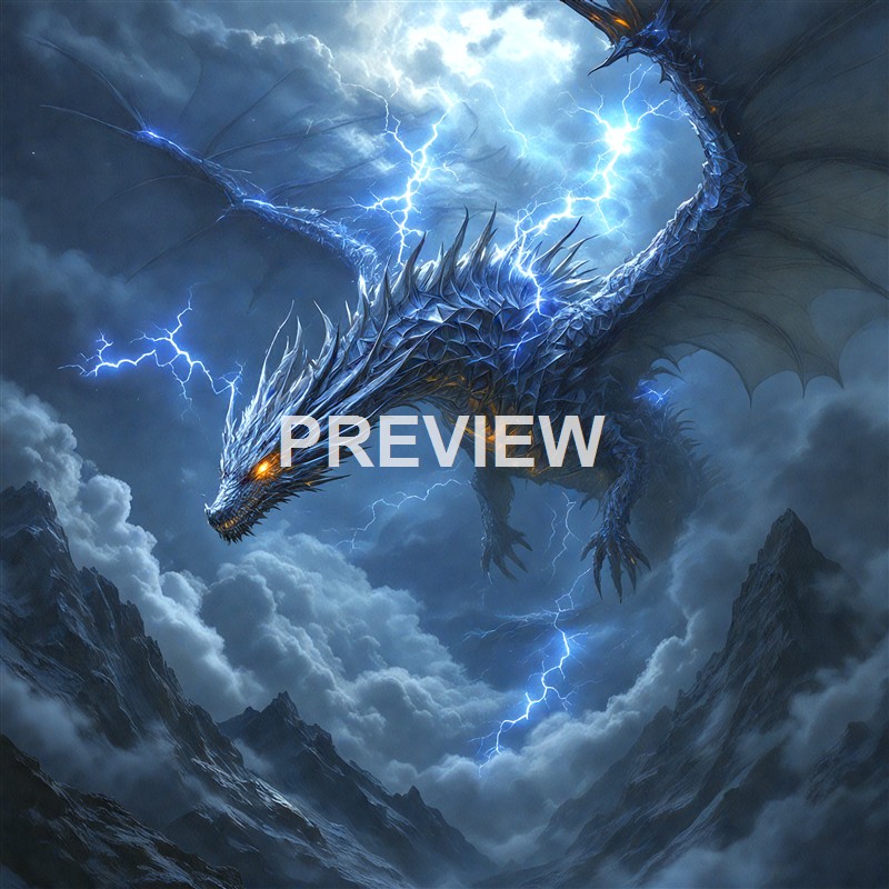 A large, menacing dragon with metallic scales and glowing eyes flying through stormy skies filled with lightning over mountainous terrain.